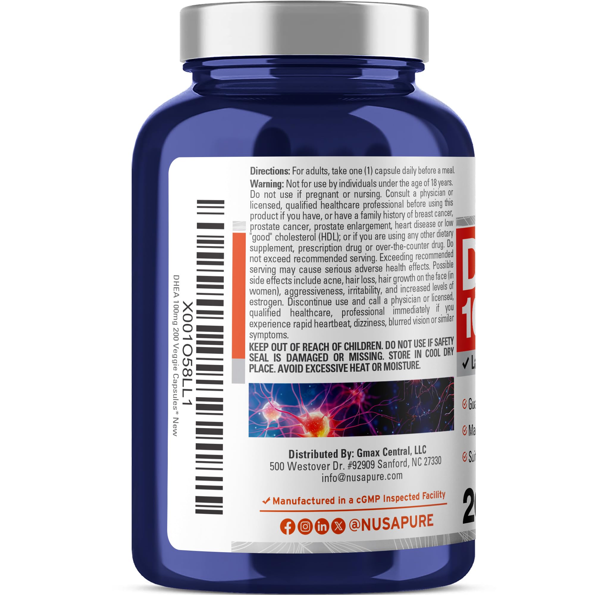 NusaPure DHEA 100mg 200 Veggie Capsules (Vegetarian, Non-GMO) NusaPure Au supplements