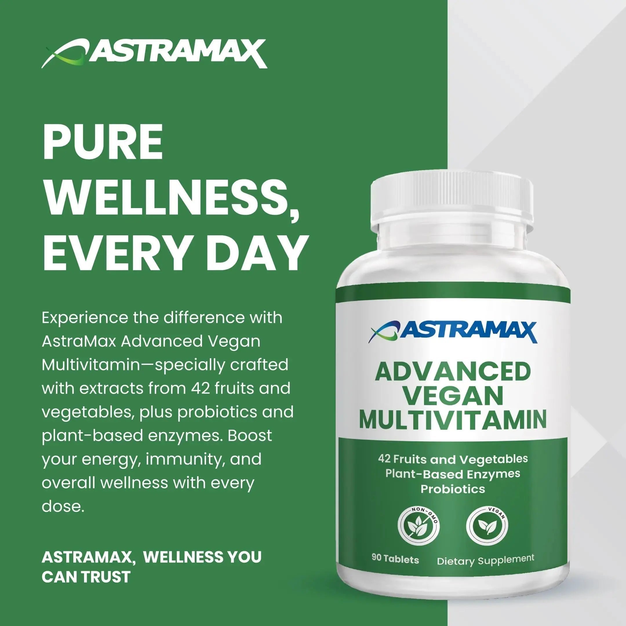 Astramax Advanced Vegan Multivitamin | Whole Food-Based Vitamin & Mineral Complex with 26 Nutrients, B12, D3, Probiotics & 42 Superfoods | Astramax Au supplements