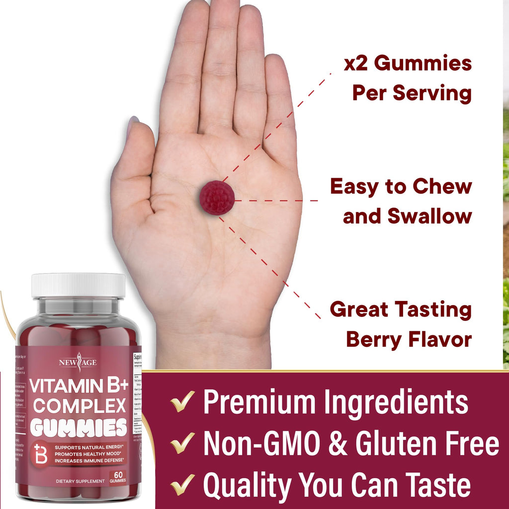 NEW AGE Vitamin B Complex Gummies with Vitamin B3, B6, & B12 – with Biotin, Folic Acid & Vitamin C – Gluten-Free, Vegan