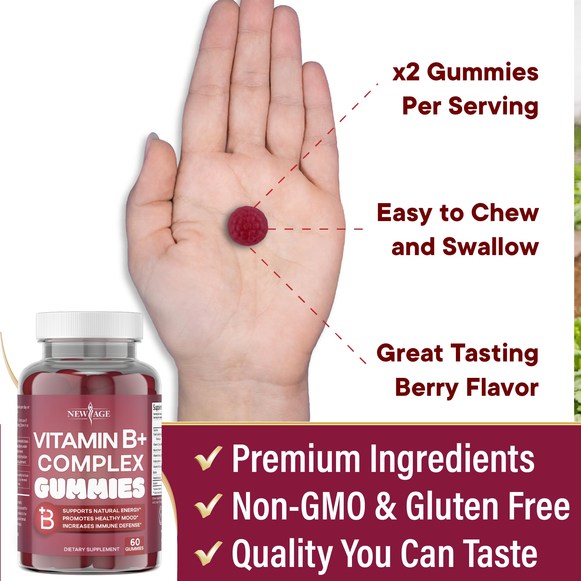 NEW AGE Vitamin B Complex Gummies with Vitamin B3, B6, & B12 – with Biotin, Folic Acid & Vitamin C – Gluten-Free, Vegan