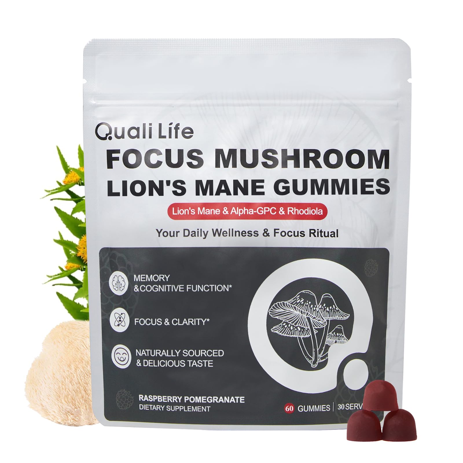 Mushroom Gummies with Lion’s Mane - Alpha Brain Gummy for Focus & Memory - Nootropic Focus Gummies with Rhodiola & Alpha-GPC – Vegan Brain Supplement, Raspberry Pomegranate Flavor, 60 Count (1) QualiLife Au supplements