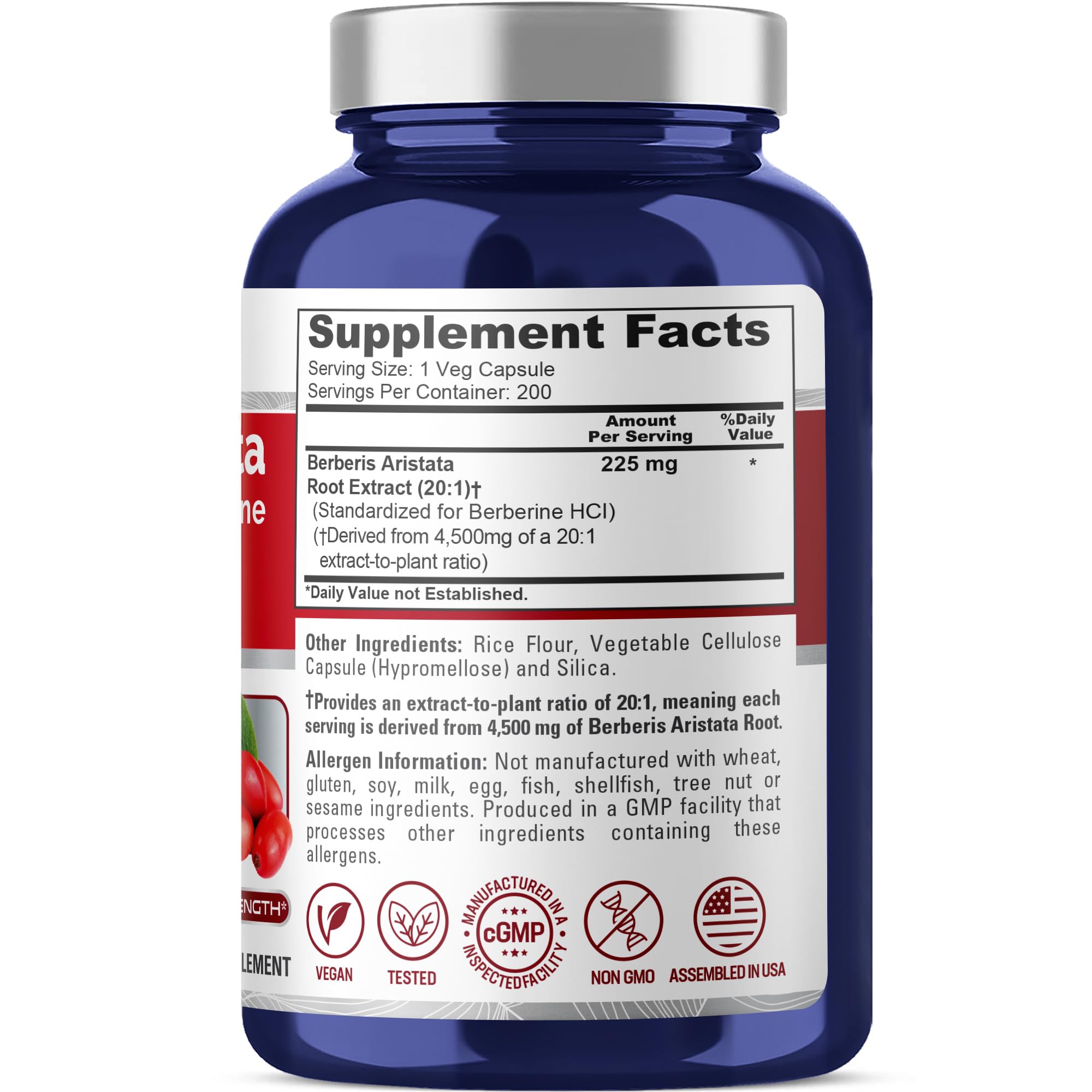 NusaPure Berberine HCI 20:1 Extract, 225 mg Equivalent to 4,500mg - 200 Veggie Caps - (Vegetarian, Non-GMO, Vegan) NusaPure Au supplements