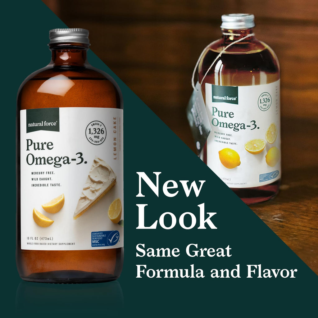 Natural Force Pure Omega 3 - Liquid Fish Oil - Delicious Lemon Cake Flavor - Mercury Free, Wild Caught, Lab Tested - 1,326 mg Triglyceride EPA, DHA, & DPA - 16 Oz Glass Bottle Natural Force Au supplements