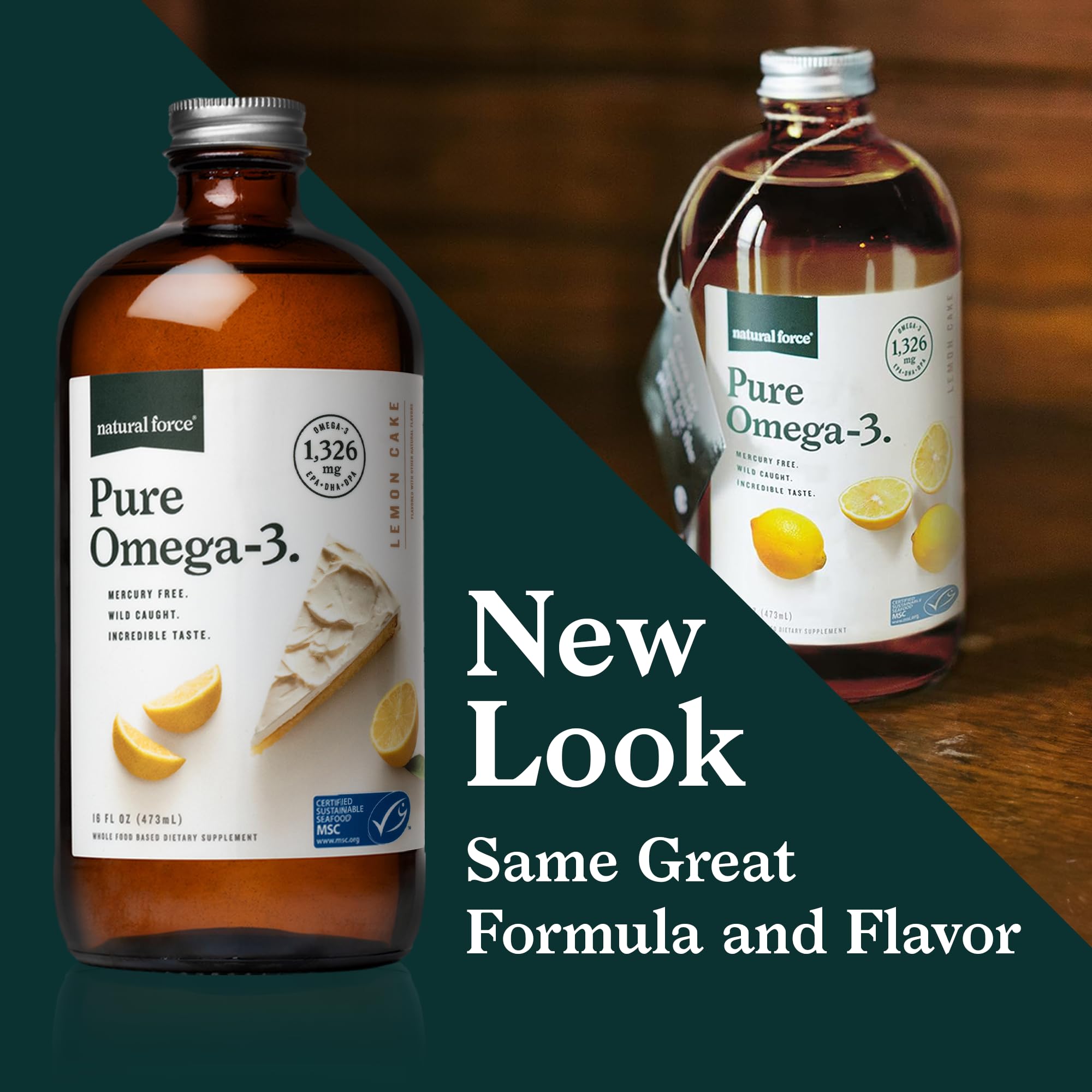 Natural Force Pure Omega 3 - Liquid Fish Oil - Delicious Lemon Cake Flavor - Mercury Free, Wild Caught, Lab Tested - 1,326 mg Triglyceride EPA, DHA, & DPA - 16 Oz Glass Bottle Natural Force Au supplements