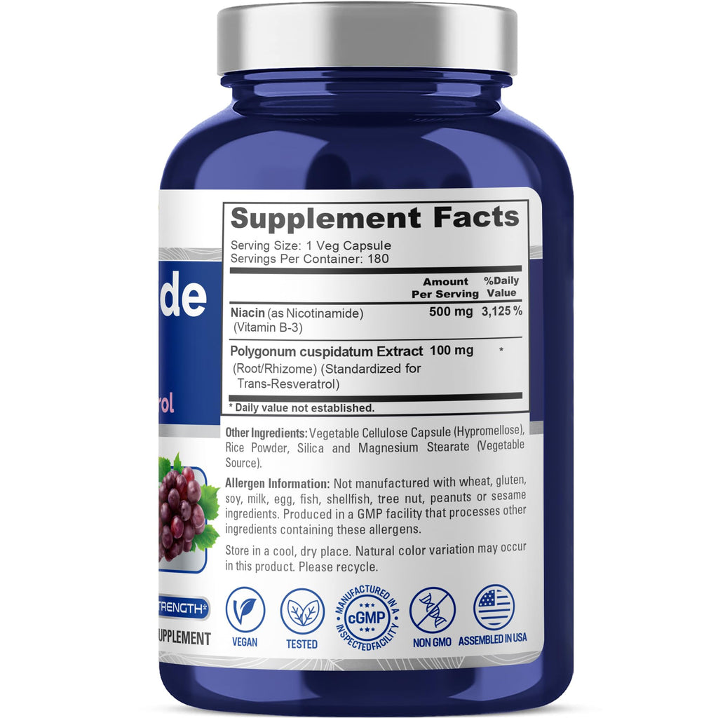 NusaPure Nicotinamide with Resveratrol (Vitamin B-3) 500 mg - 180 Vegetarian Caps (Non-GMO & Vegan) NusaPure Au supplements