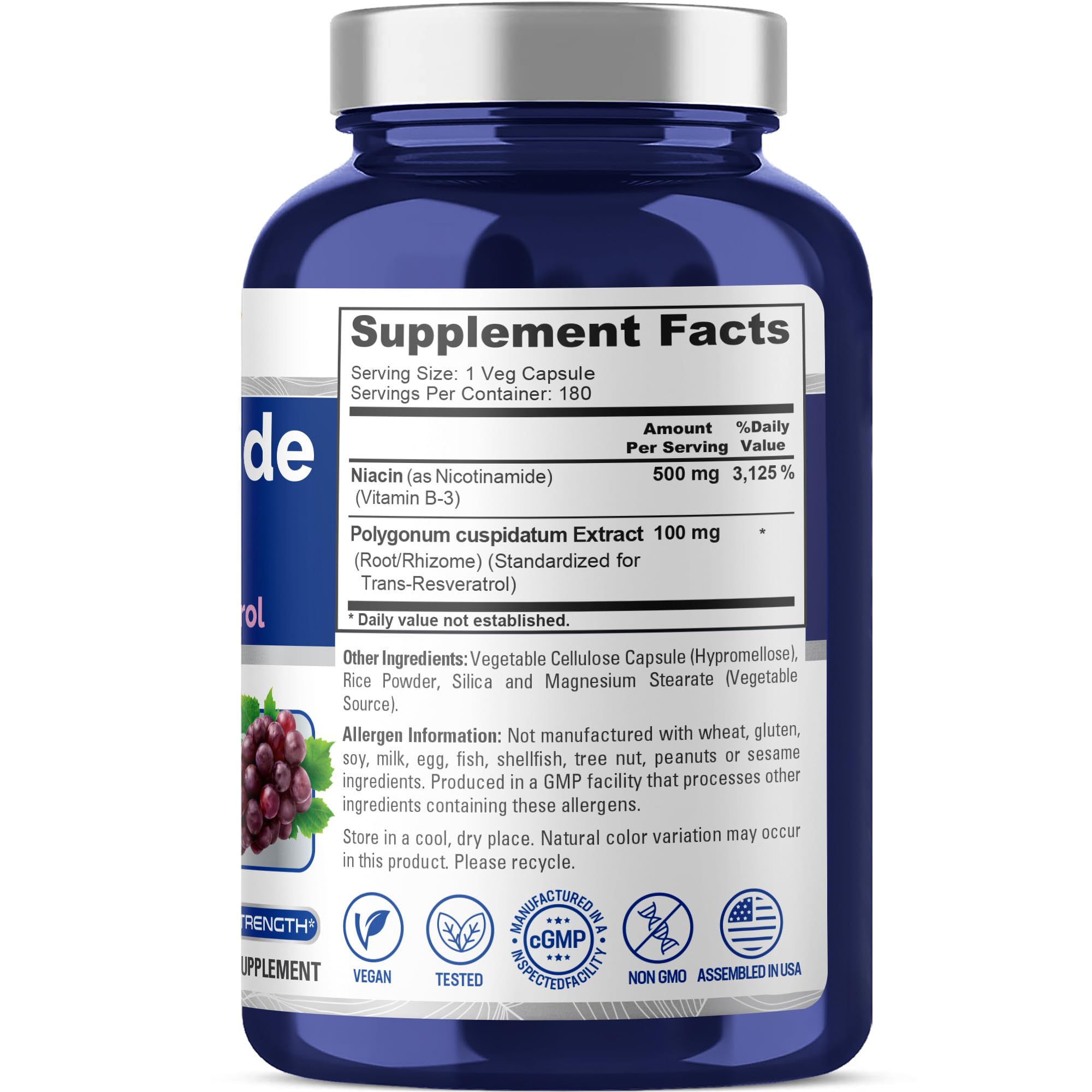 NusaPure Nicotinamide with Resveratrol (Vitamin B-3) 500 mg - 180 Vegetarian Caps (Non-GMO & Vegan) NusaPure Au supplements