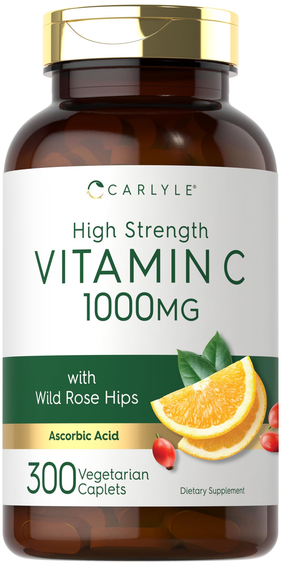 Carlyle Vitamin C 1000mg | 300 Vegetarian Caplets | Ascorbic Acid with Wild Rose Hips | High Strength Formula