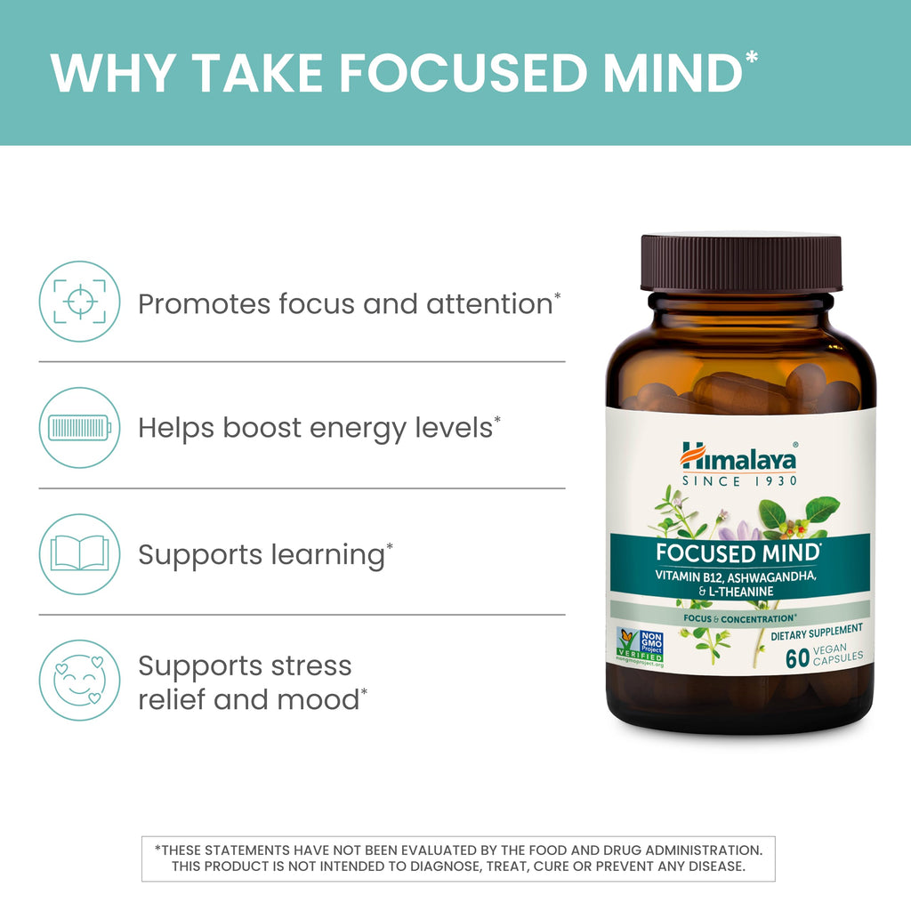 Himalaya Focused Mind Supplement, with Ashwagandha, Bacopa & L-Theanine for Attention, Focus and Energy Support, 60 Vegan Capsules, Gluten Free, 1 Month Supply Himalaya Au supplements