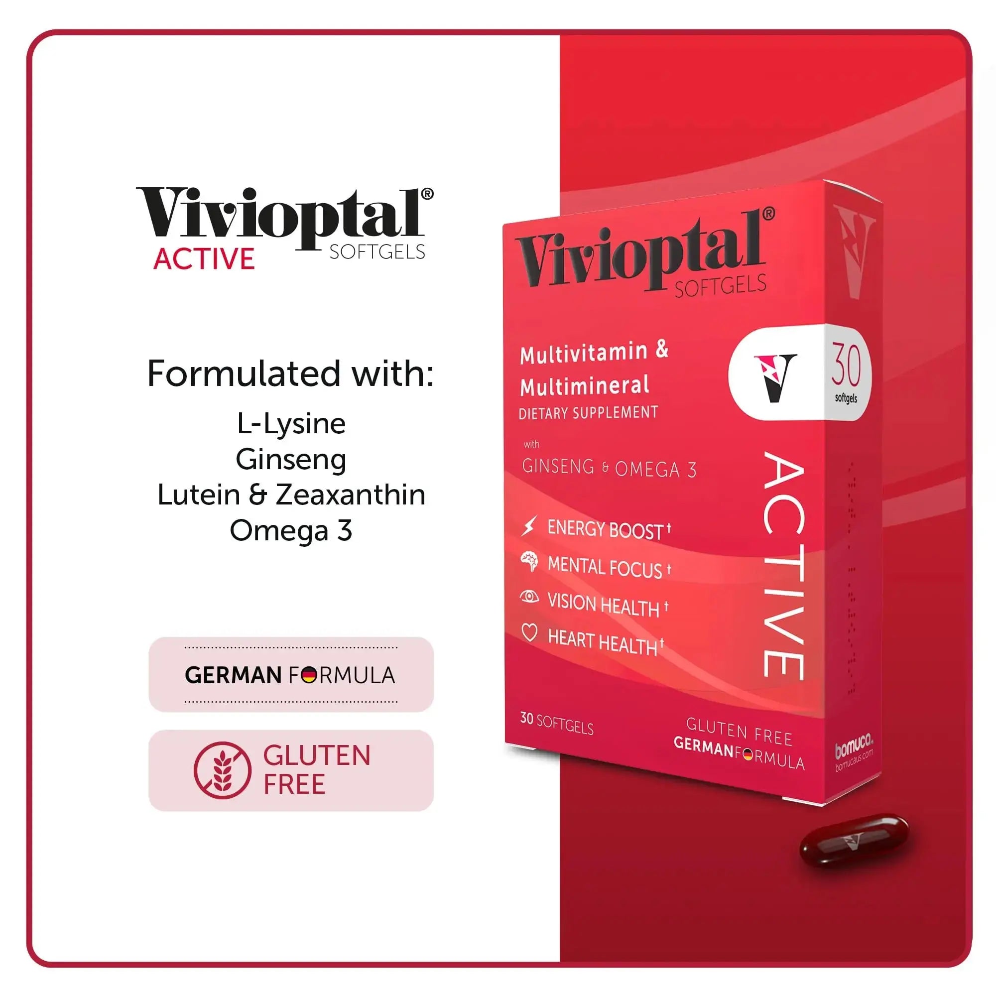 Vivioptal Active, 30 Softgels, Ginseng & Omega 3, Multivitamin & Multimineral, Gluten Free, German Formula Vivioptal Vitamins Au supplements
