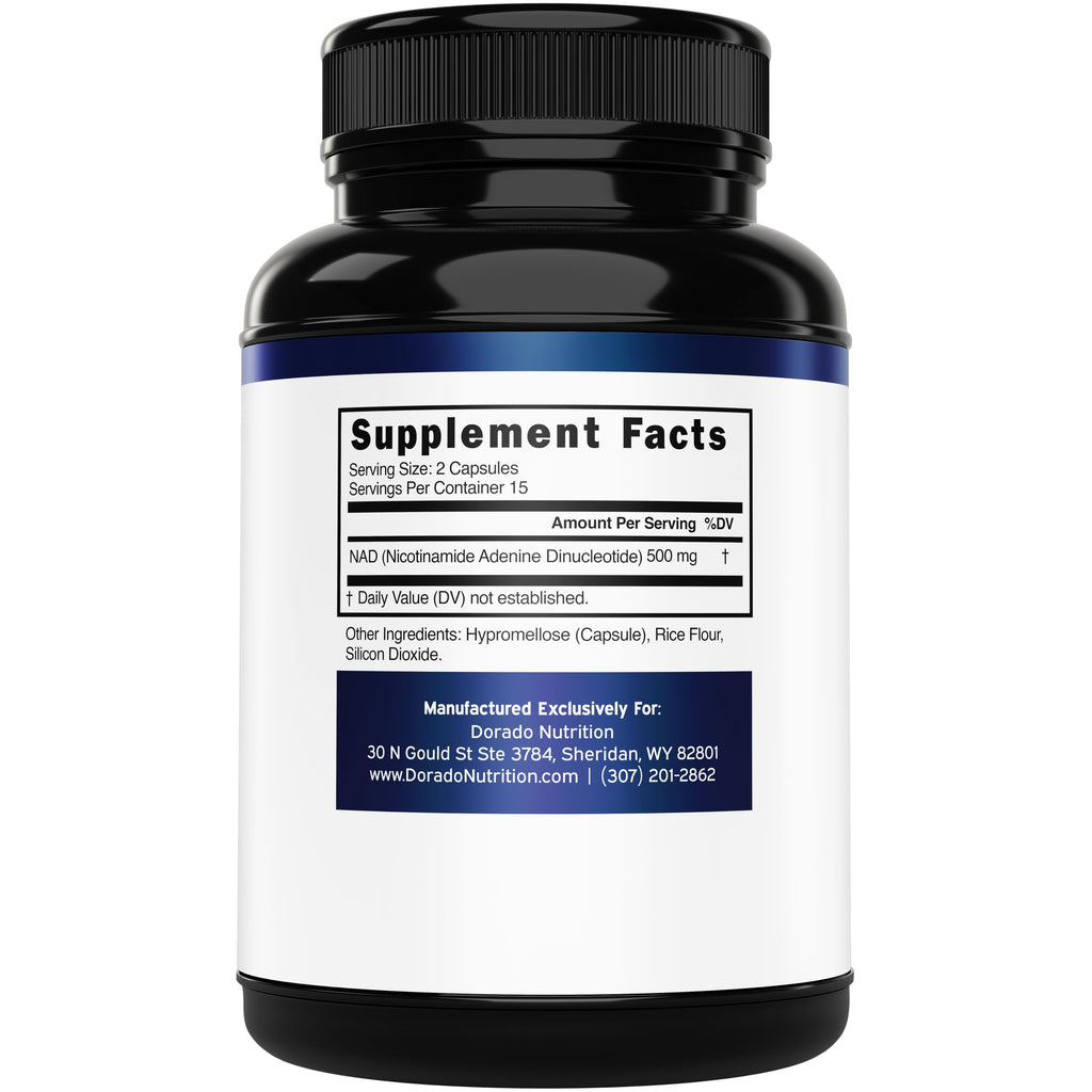 NAD Supplement (500mg of 95% Pure NAD+ Per Serving) NMN Supplement, NAD Nicotinamide Riboside Support (Third Party Tested, Vegan Safe, Non-GMO, No Fillers, & Made in the USA - 30 Vegan Capsules) DORADO NUTRITION Au supplements