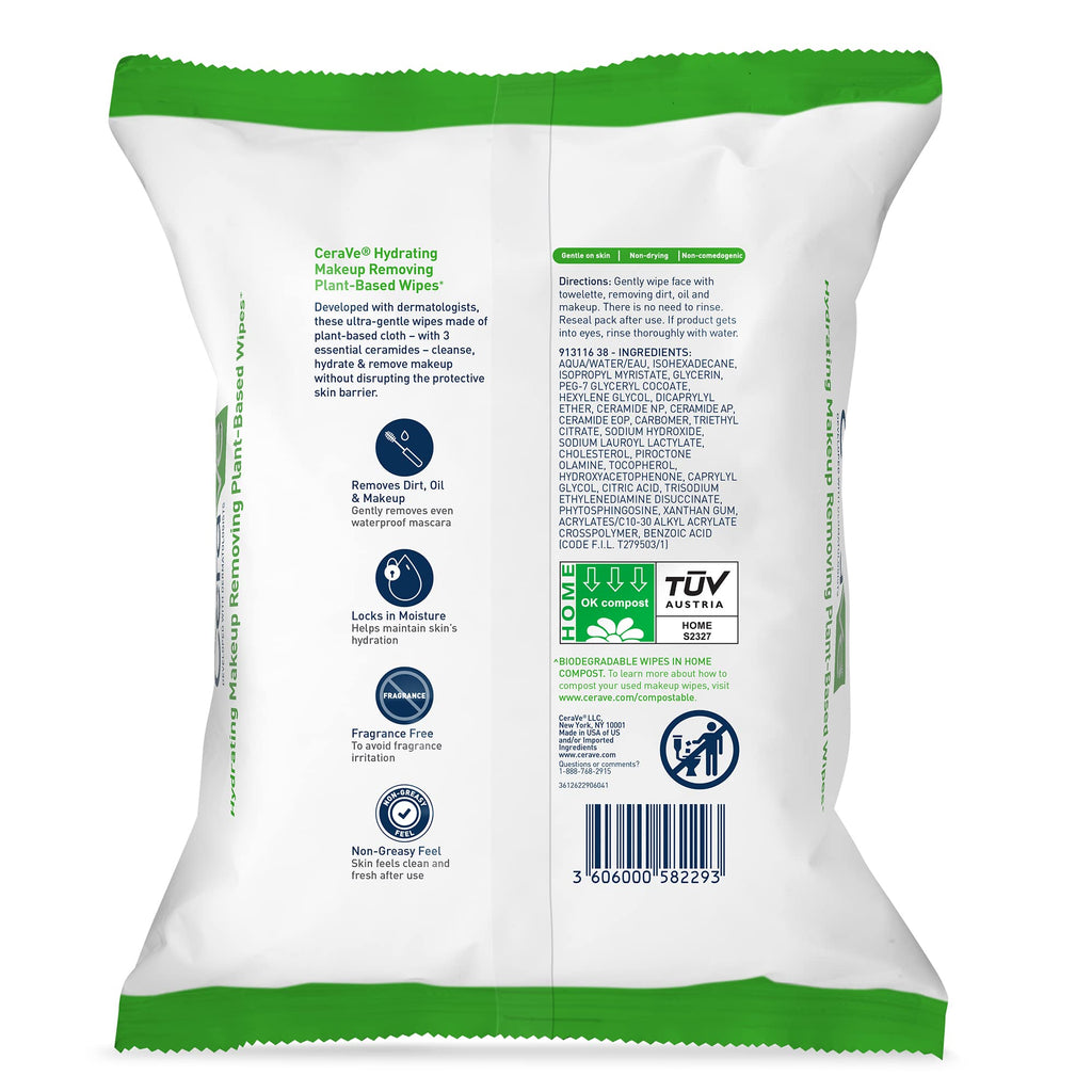 CeraVe Makeup Remover Wipes, Plant Based Face Wipes, Biodegradable in Compost, Waterless Face Wash, Travel Essentials for Women
