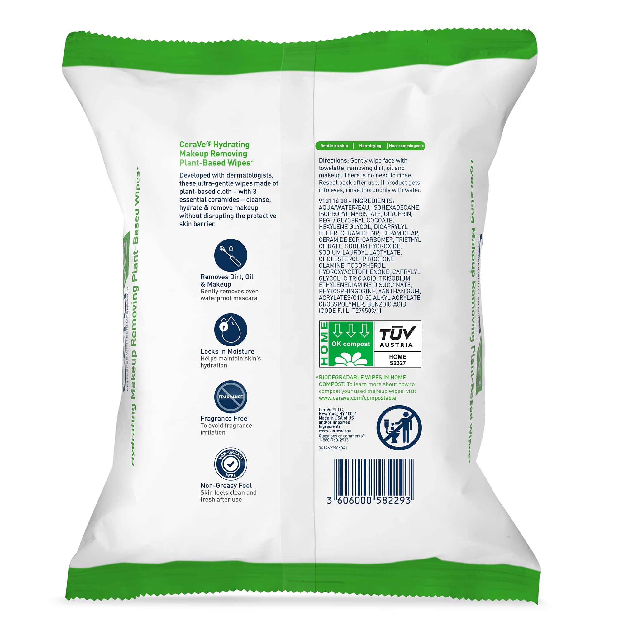 CeraVe Makeup Remover Wipes, Plant Based Face Wipes, Biodegradable in Compost, Waterless Face Wash, Travel Essentials for Women
