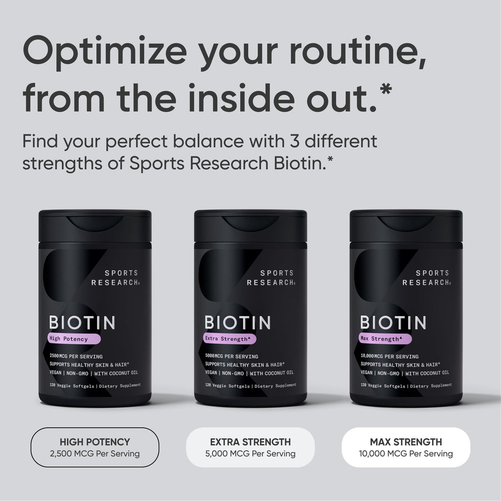 Sports Research® Biotin 10,000mcg with Organic Coconut Oil - Biotin (Vitamin B7) for Healthy Skin and Hair Support* - for Women and Men - Vegan, Non-GMO