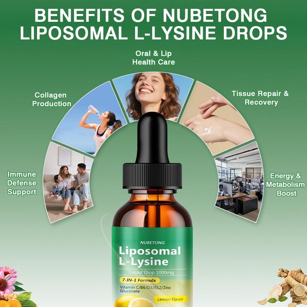 Liposomal L-Lysine 1000mg Liquid Drops, 7-in-1 Lysine Supplement for Adults with Vitamin C/B6/D3/B12 & Zinc Gluconate, Immune Support, Collagen Synthesis & Skin Lip Health, Lemon Flavor, 2 Fl Oz