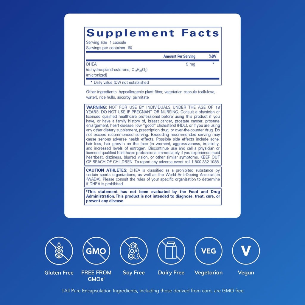 Pure Encapsulations DHEA 5 mg - Immune Support & Hormones Balance* - Micronized DHEA - Gluten Free & Vegan - 60 Capsules Pure Encapsulations Au supplements