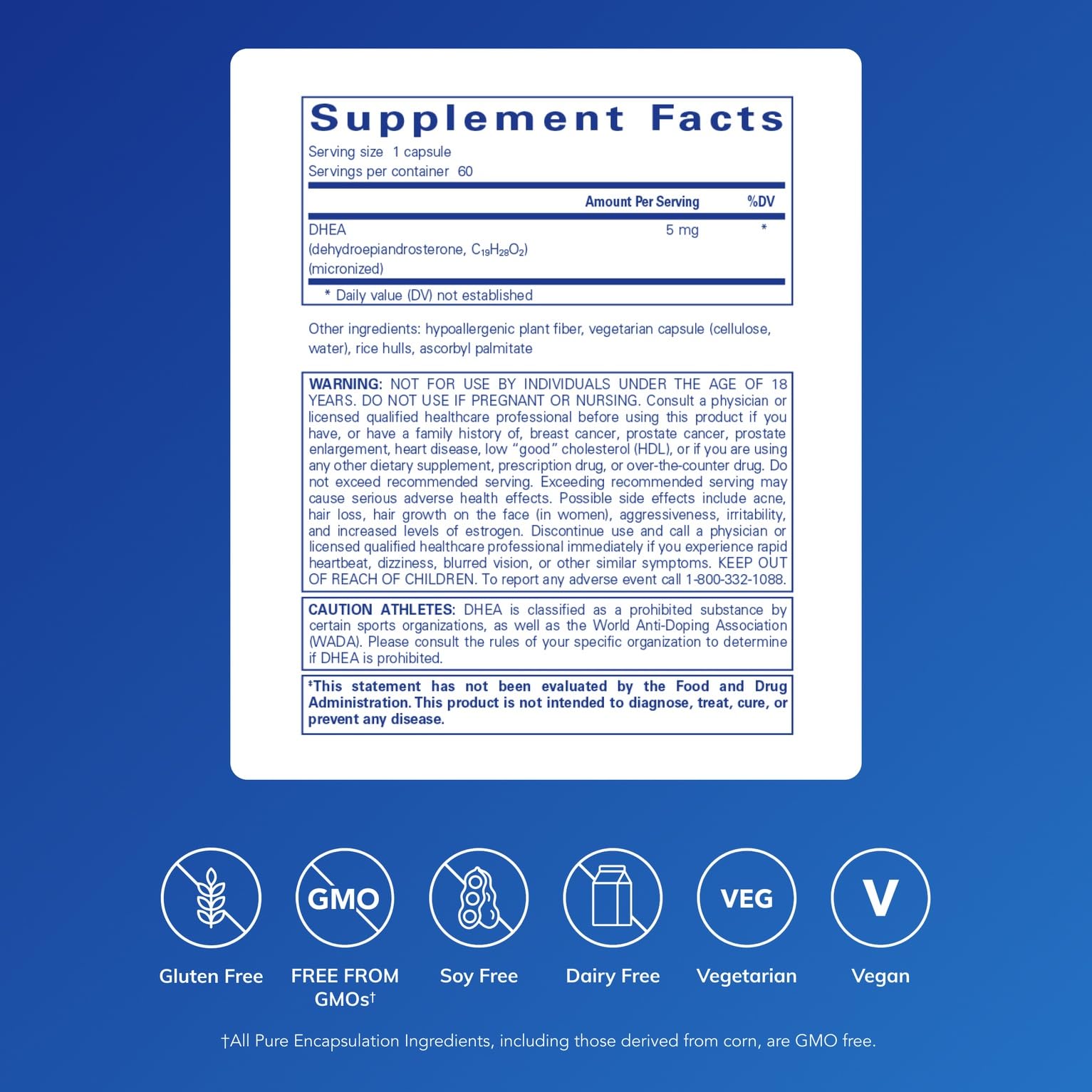 Pure Encapsulations DHEA 5 mg - Immune Support & Hormones Balance* - Micronized DHEA - Gluten Free & Vegan - 60 Capsules Pure Encapsulations Au supplements