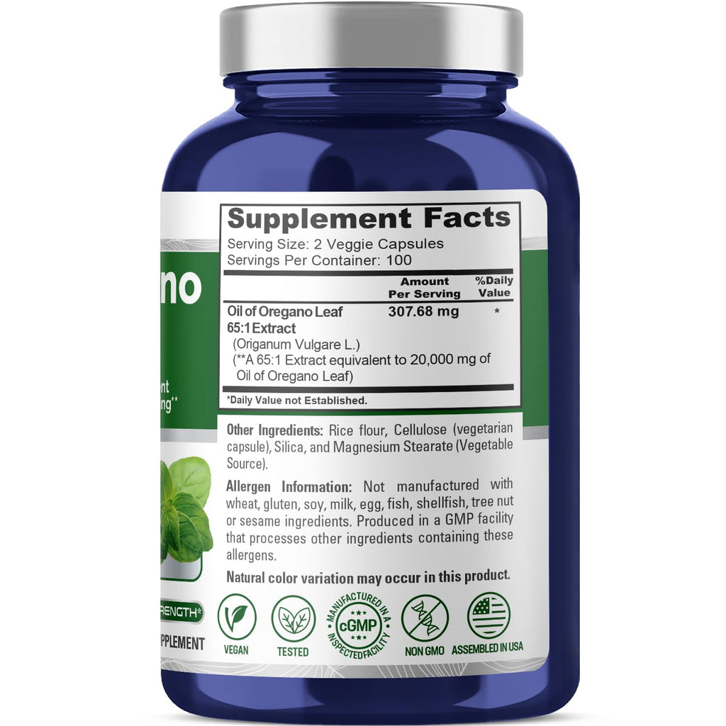 NusaPure Oregano Oil Extract 20000mg | 200 Veggie Powder Capsules | Naturally Occurring Carvacrol | Non-GMO and Vegan Extract 65:1 NusaPure Au supplements