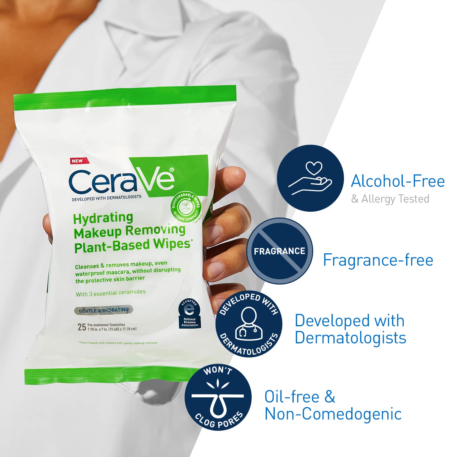 CeraVe Makeup Remover Wipes, Plant Based Face Wipes, Biodegradable in Compost, Waterless Face Wash, Travel Essentials for Women