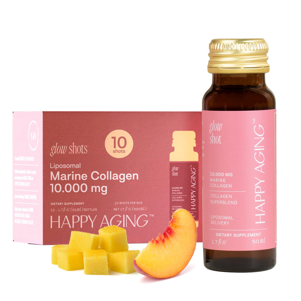 Happy Aging Marine Collagen Peptides Glow Shot 10,000mg - Liquid Collagen for Women with Liposomal Delivery - Promotes Skin Hydration, Elasticity & Radiance - Supports Hair & Nails, 10 Shots Happy Aging Au supplements