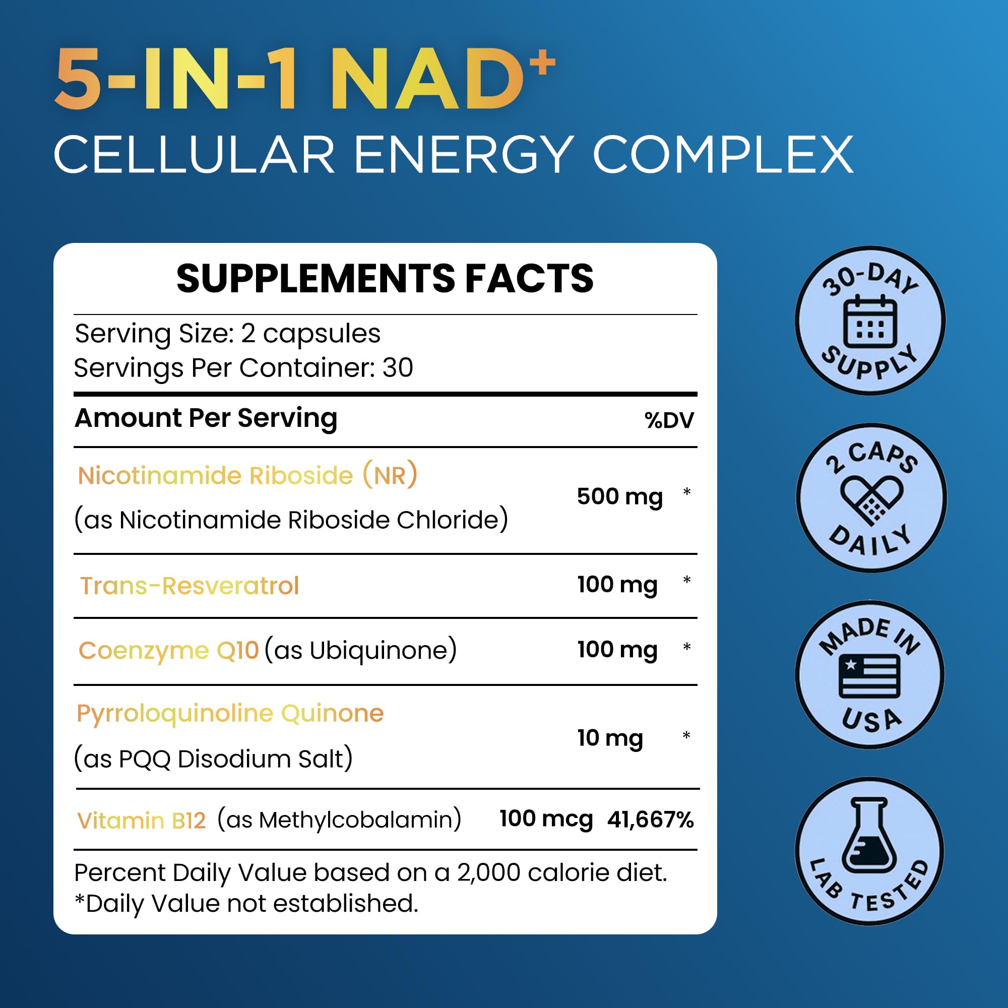 Anyglory NAD+ Supplement with 500mg NR, Resveratrol, CoQ10, PQQ- 5-in-1 NAD Formula |NMN Supplement Alternative|NAD Resveratrol Support Cellular Energy & Healthy Aging-Made in USA-60 Capsules Anyglory Au supplements