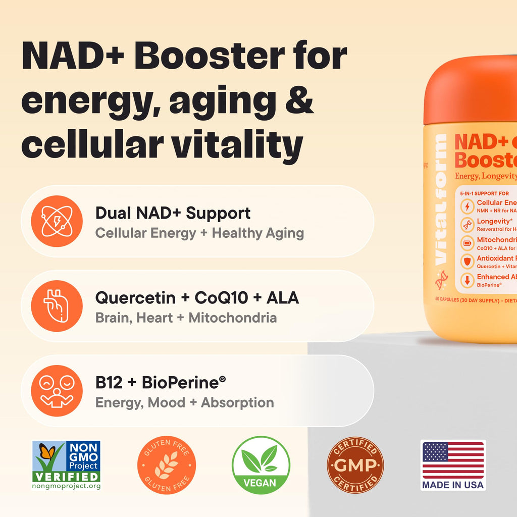 VitalForm NAD+ Supplement with NMN & Nicotinamide Riboside (NR) – Advanced Cellular Energy & Healthy Aging Complex – with Resveratrol, CoQ10, Quercetin & BioPerine – 60 Vegan Capsules VitalForm Au supplements