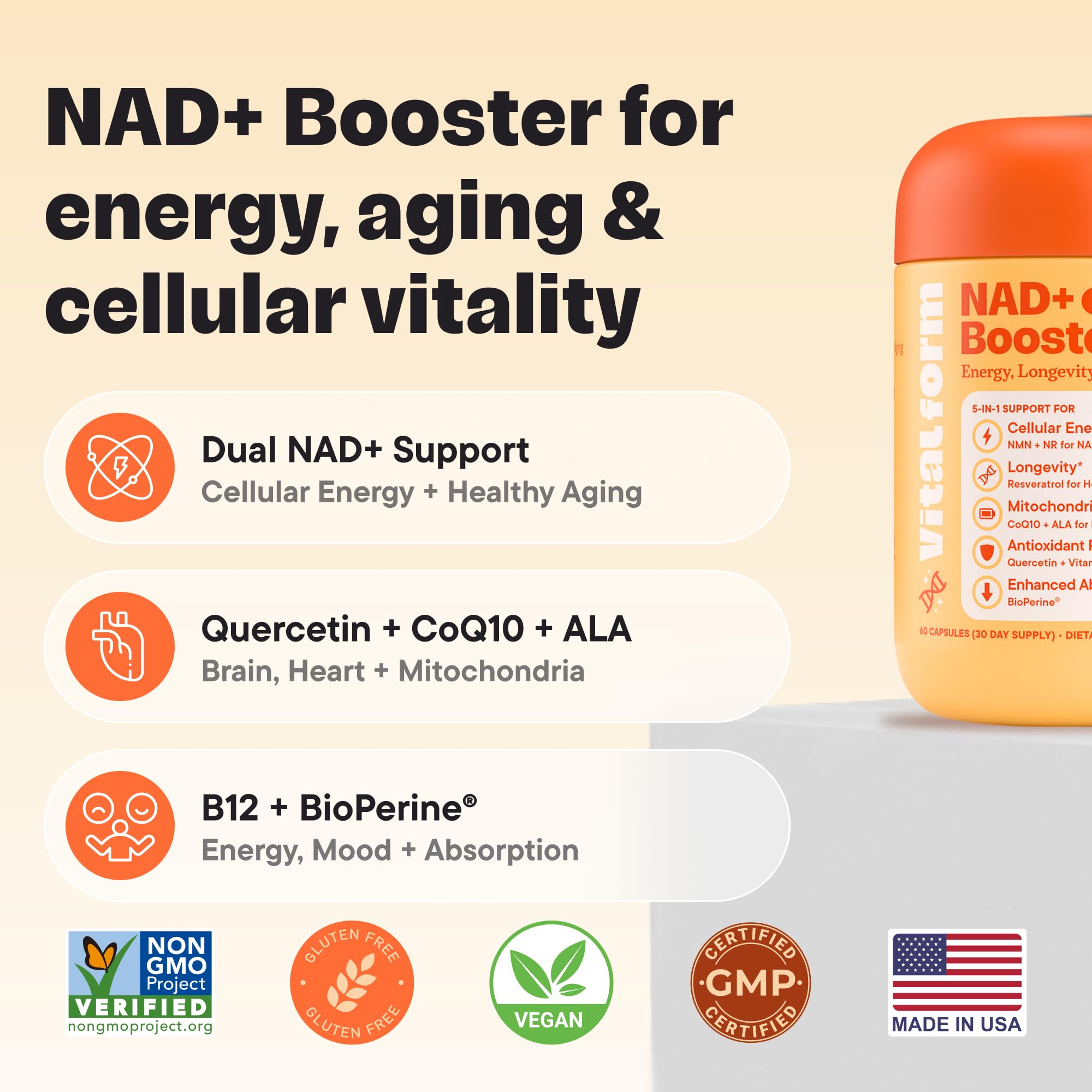 VitalForm NAD+ Supplement with NMN & Nicotinamide Riboside (NR) – Advanced Cellular Energy & Healthy Aging Complex – with Resveratrol, CoQ10, Quercetin & BioPerine – 60 Vegan Capsules VitalForm Au supplements