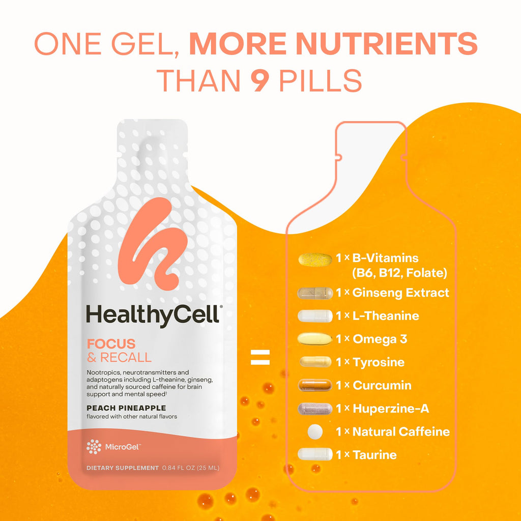 Healthycell Focus & Recall, Daily Liquid Brain Supplement for Focus & Memory - Nootropics Supplement for Concentration & Alertness with L-Theanine, Omega-3 & Taurine - 14 Gel Packs Healthycell Au supplements