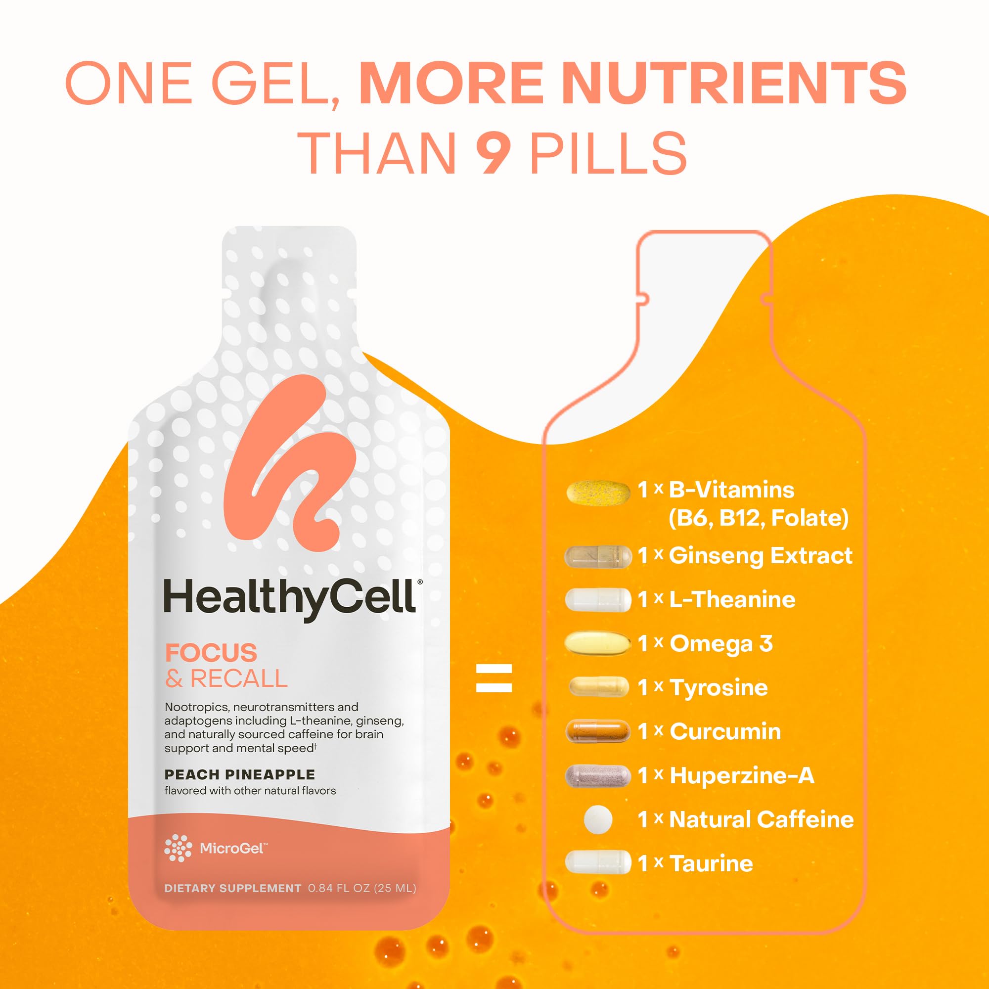 Healthycell Focus & Recall, Daily Liquid Brain Supplement for Focus & Memory - Nootropics Supplement for Concentration & Alertness with L-Theanine, Omega-3 & Taurine - 14 Gel Packs Healthycell Au supplements