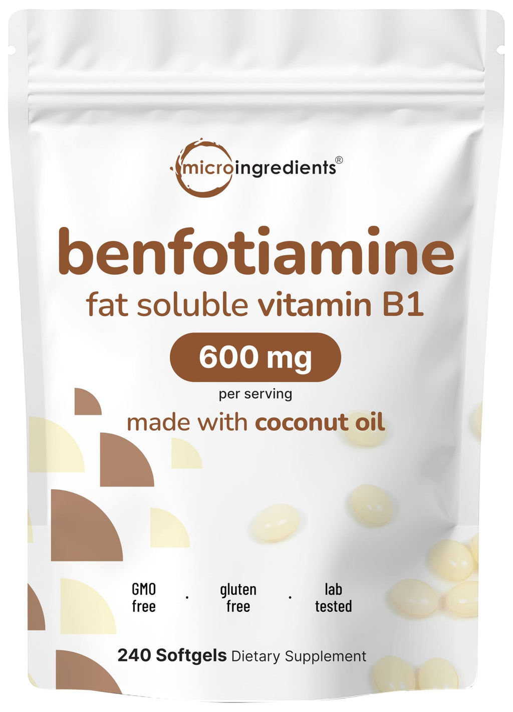Vitamin B1 Benfotiamine 600mg Per Serving, 240 Coconut Oil Softgels | Bioavailable B Vitamins Supplement, Converted to Active Thiamine | Non-GMO, Soy Free