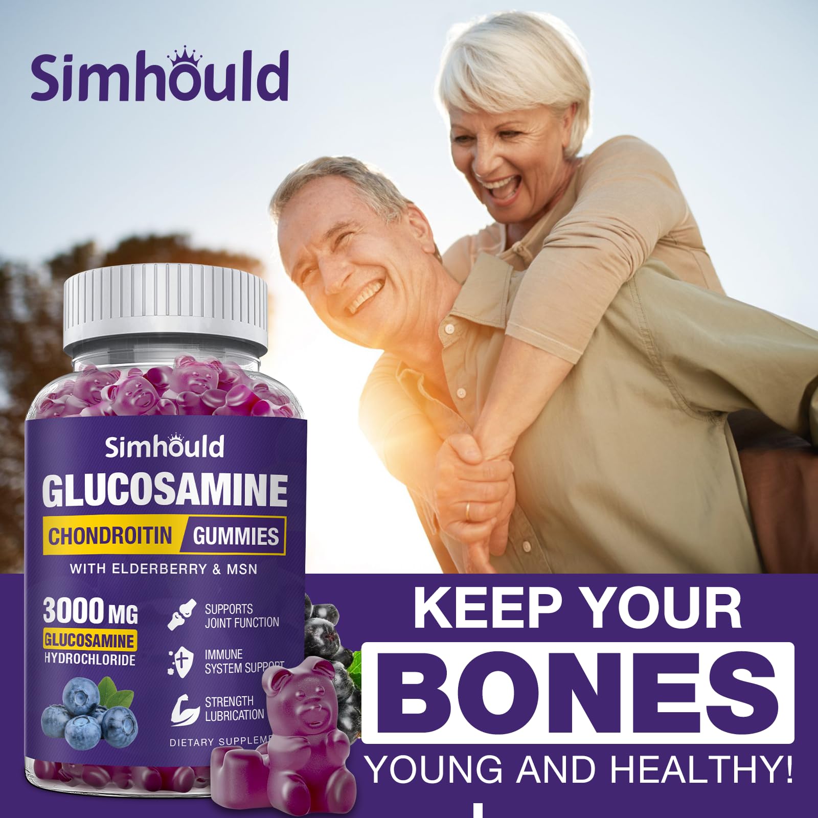 Simhould 2 Packs Glucosamine Chondroitin Gummies - 3000MG Extra Strength Joint Support Supplement with MSM & Elderberry, Flexibility, Antioxidant Immune Support