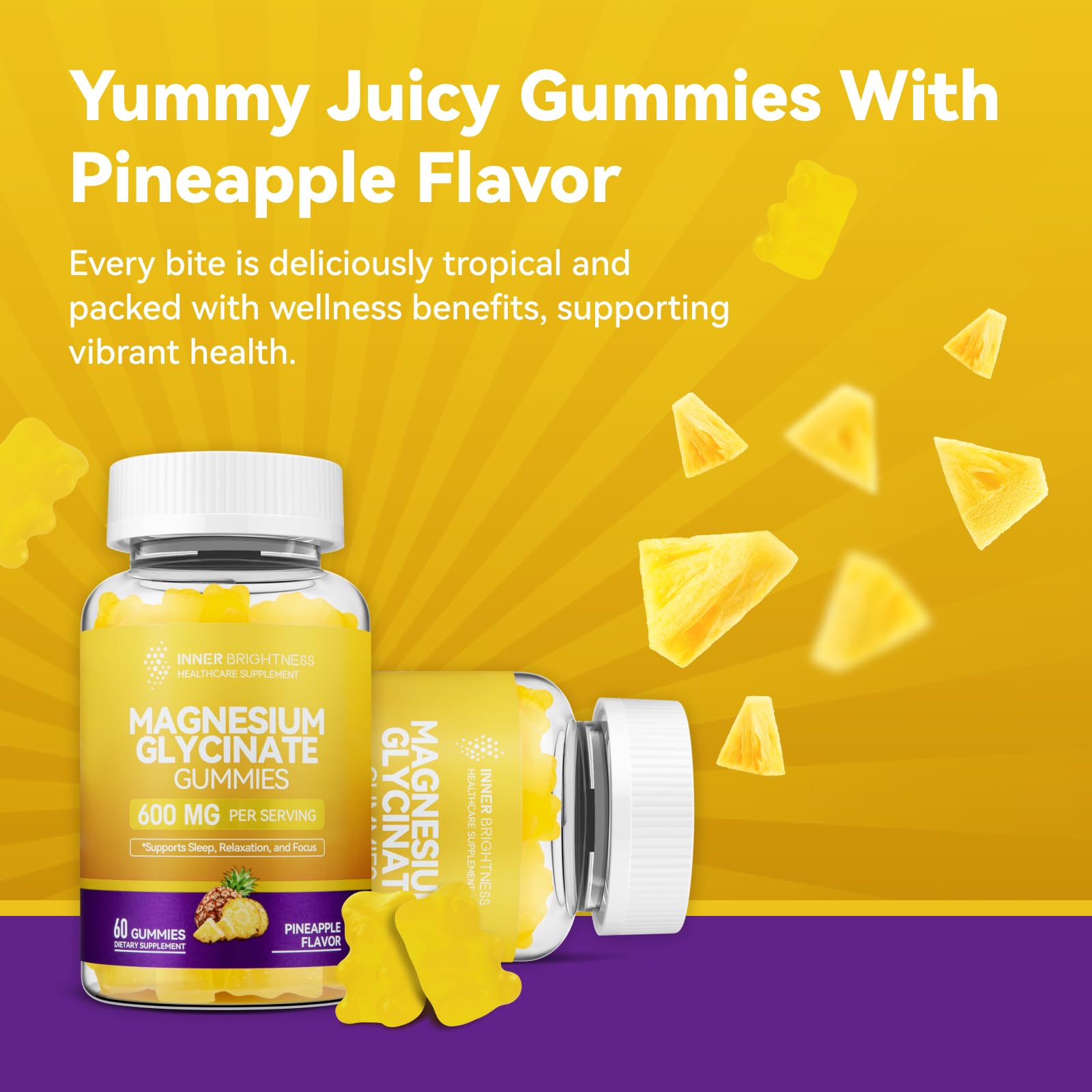 Magnesium Glycinate Gummies 600mg, Non-GMO, Gluten-Free, Magnesium Gummies for Adults & Kids, Sleep, Relaxation & Focus