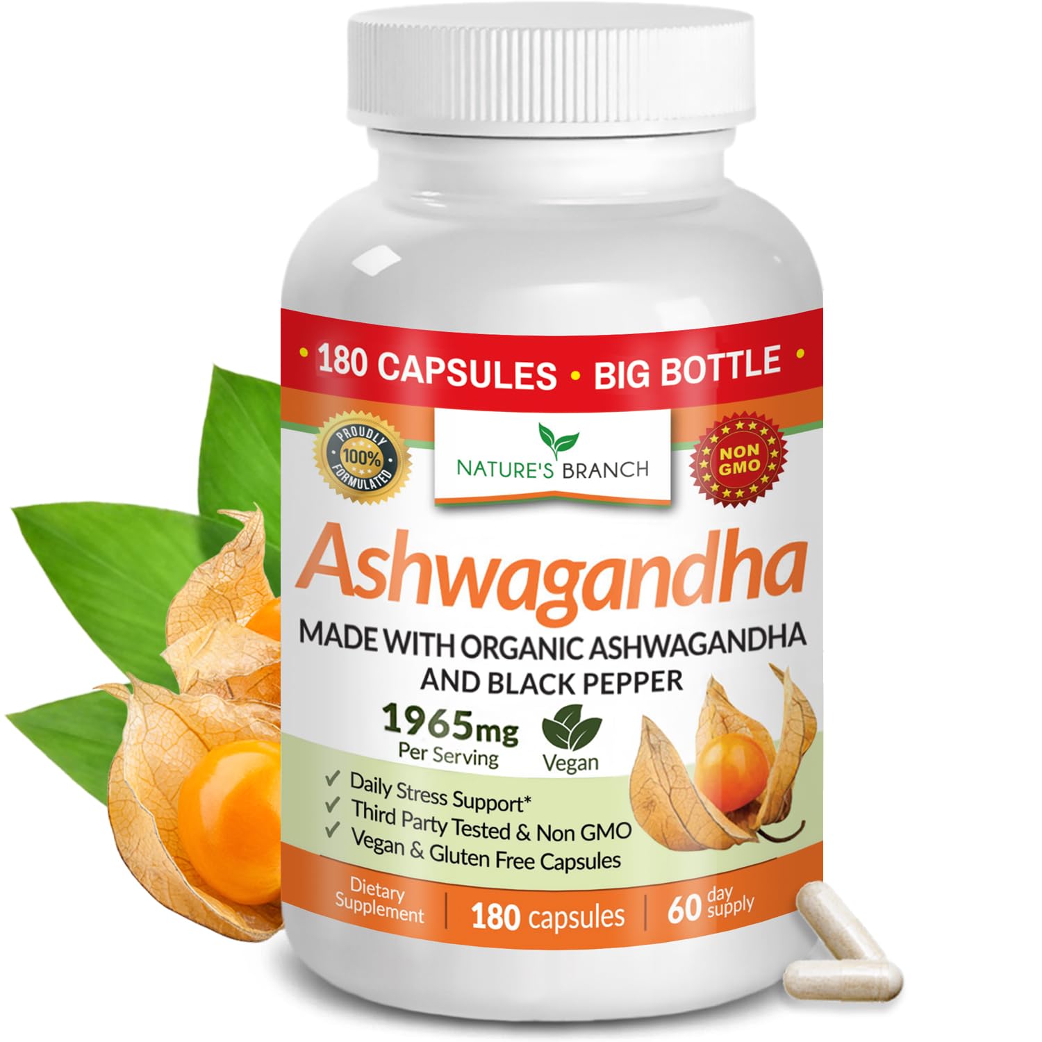 UDAF Certified Organic Ashwagandha with Black Pepper, 1965mg - Extra Strength for Stress, Sleep, Mood, Thyroid, Energy, Hair, Vegan Pure Root Extract Powder Supplement for Men and Women | 180 Capsules NATURE'S BRANCH Au supplements