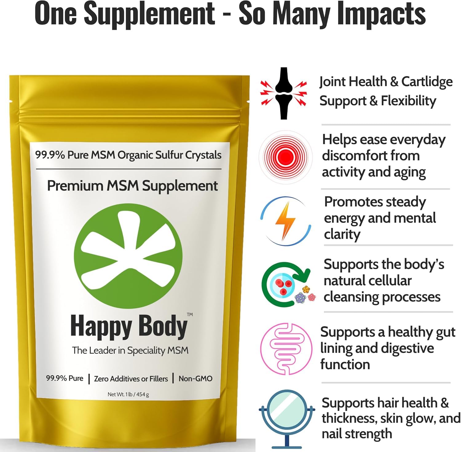Organic Sulfur Crystals | 99.9% Pure MSM Crystals for Joint Support, Recovery, Hair, Skin & Nails | 90 Servings | 1 lb Bag