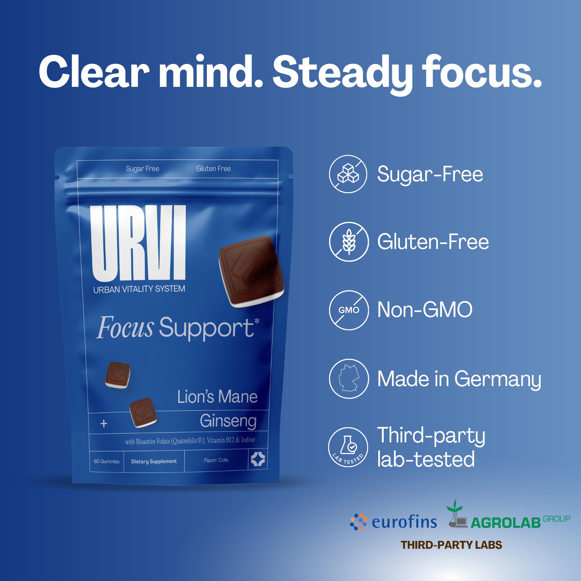 URVI 1500mg Lion's Mane Gummies with Ginseng, Folate 5-MTHF, B12 & Iodine – Focus Nootropic Brain Supplement Boosts Memory, Focus & Energy – Sugar-Free – Cola Flavor – 60 Count URVI Au supplements