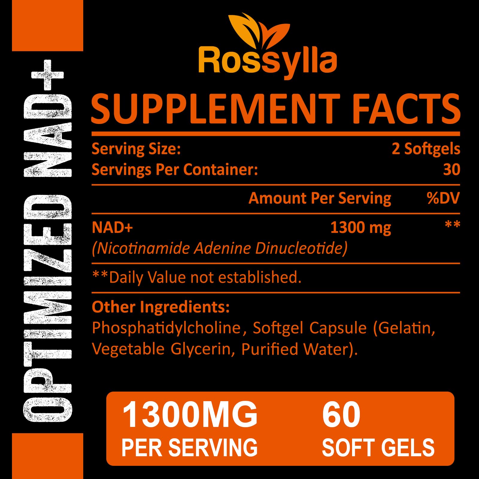 Rossylla 1300 MG Liposomal NAD+ Supplement | Highest Absorption | Purest NAD Supplemet to Boost NAD+ Effetively | Boosting NAD+ Supplement for Aging Defese, Cellular Energy, Longevity | 60 Count Rossylla Au supplements