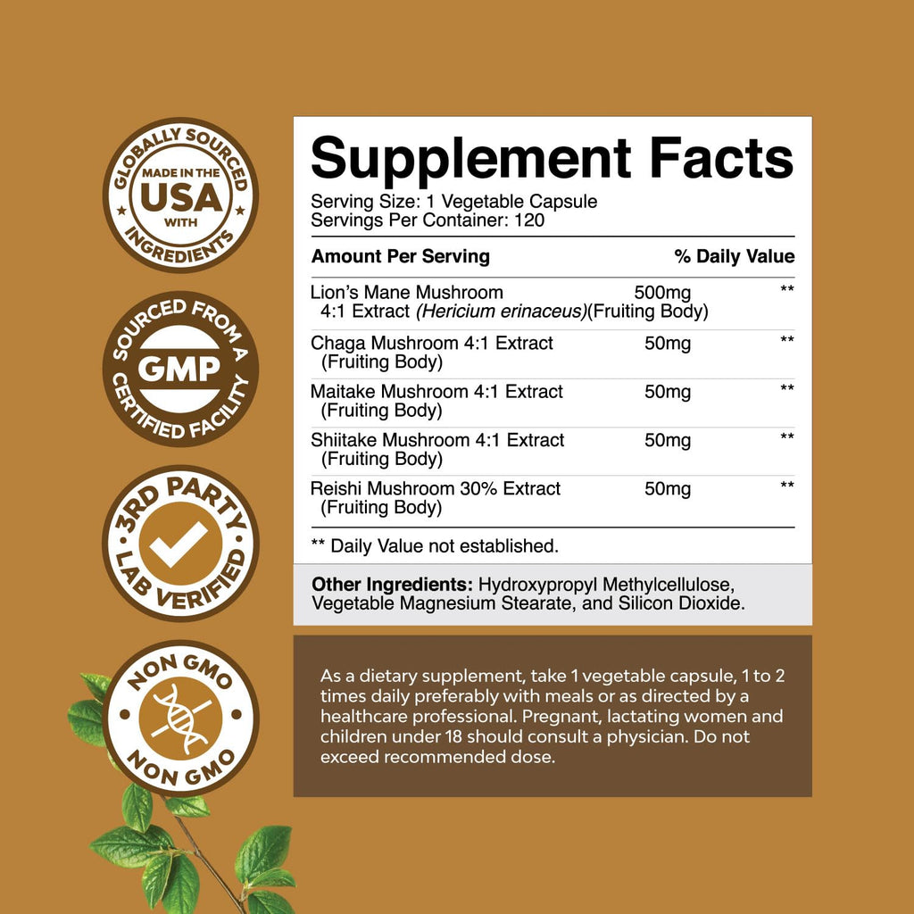 Advanced Lion's Mane Mushroom Supplement - Lions Mane Supplement Capsules with Reishi Chaga Maitake & Shiitake for Brain Health Memory Support & Focus - Nootropic for Mental Clarity - 120 Count Natures Craft Au supplements