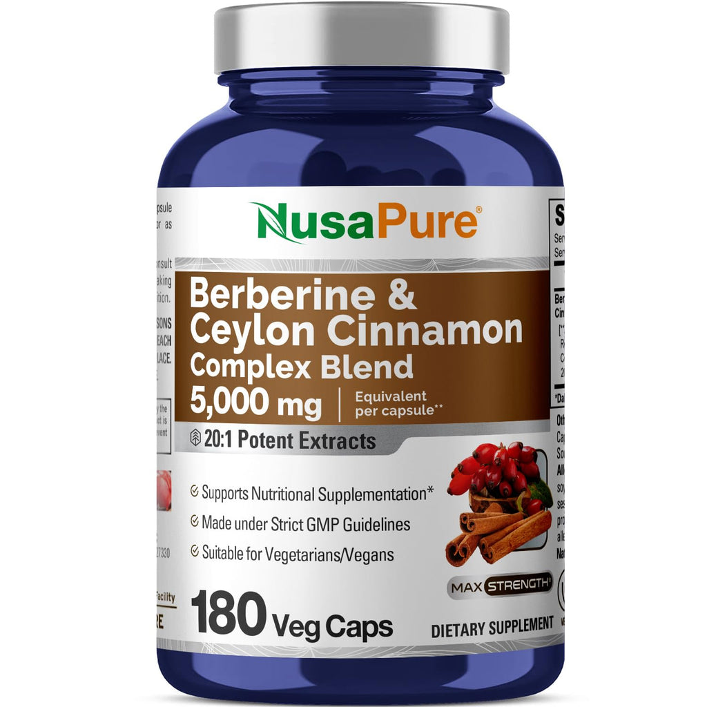 NusaPure Berberine with Ceylon Cinnamon 20:1 Extract, 250 mg Equivalent to 5000mg 180 Veggie Capsules, Vegetarian, Non-GMO Supplement, (Berberine Complex) NusaPure Au supplements