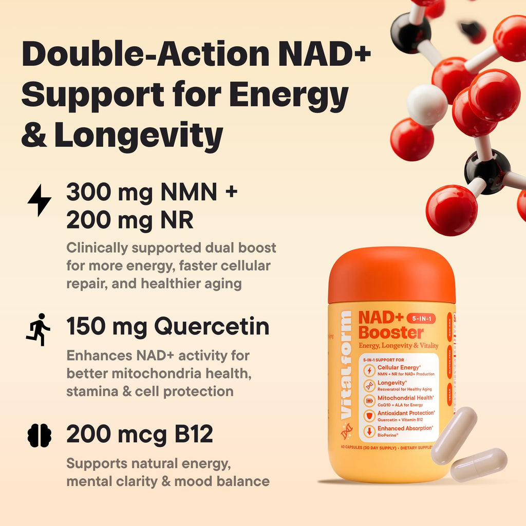 VitalForm NAD+ Supplement with NMN & Nicotinamide Riboside (NR) – Advanced Cellular Energy & Healthy Aging Complex – with Resveratrol, CoQ10, Quercetin & BioPerine – 60 Vegan Capsules VitalForm Au supplements