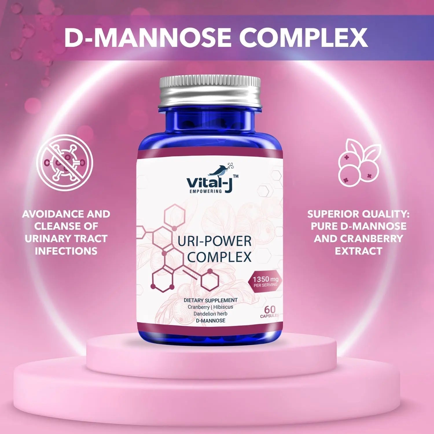 4-IN-1 URI POWER COMPLEX 1350mg - D Mannose, Cranberry, Hibiscus, and Dandelion Herb - Naturally Cleanse the Bladder and Urinary Tract 60 capsules – Specialized Approach for UTI Avoidance Vital-J Empowering Au supplements