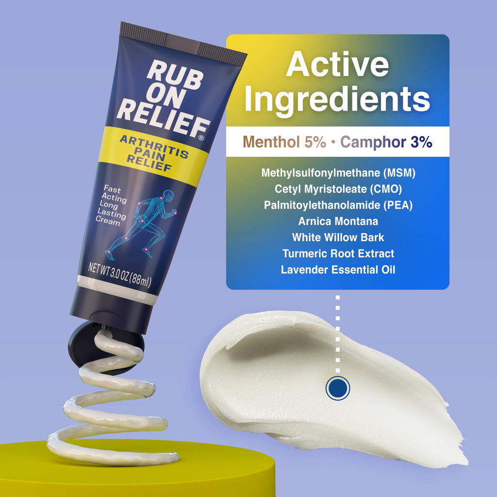 RUB ON RELIEF Arthritis Pain Relief Cream – 10-in-1 Non-Greasy Joints Pain Cream for Knees, Back, Neck, Hands, & Muscle Aches with Menthol, Camphor, Arnica, MSM & Turmeric Up to 8 Hours, 3oz (1 Pack) RUB ON RELIEF Au supplements