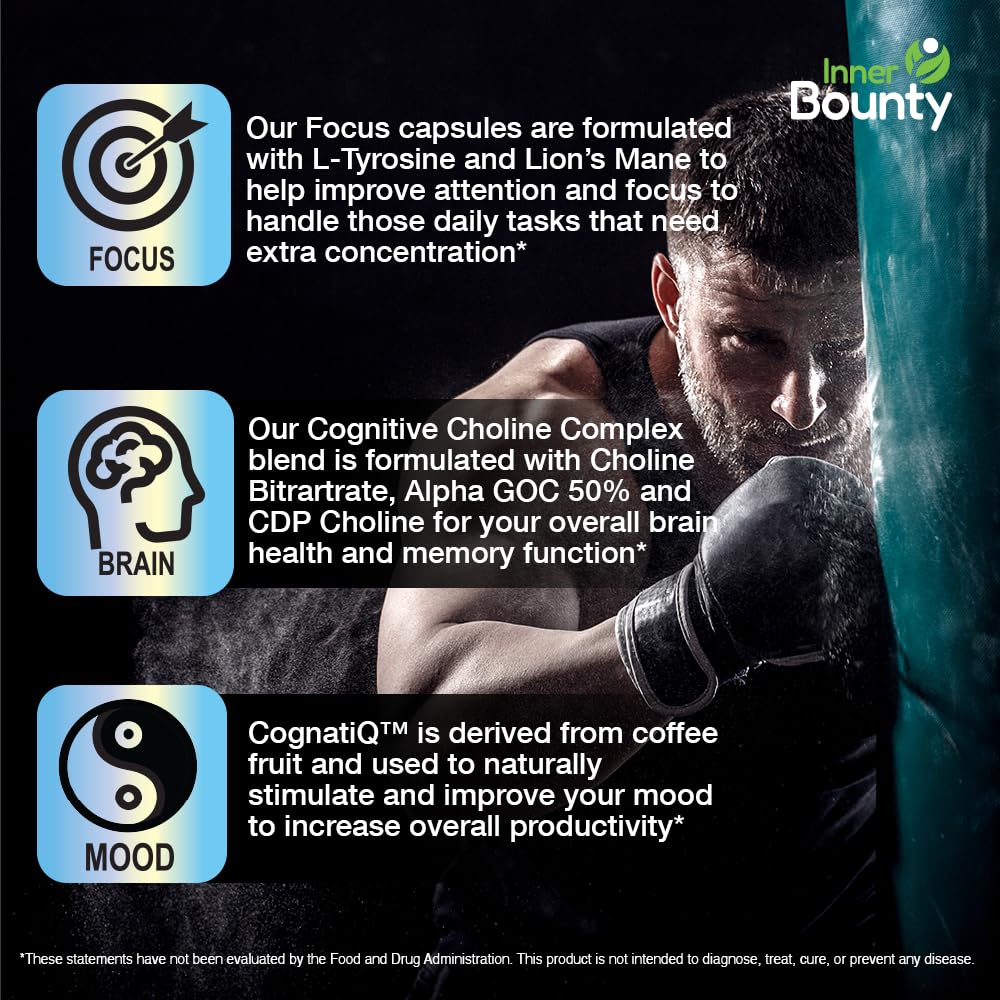 Inner Bounty Focus 14-in-1 Nootropic Brain Supplement with Lions Mane, Alpha GPC Choline, Vitamin C & B12, Taurine, Bacopa - Energy, Cognitive, Memory Support, 60 Filler Free Capsules Inner Bounty Au supplements