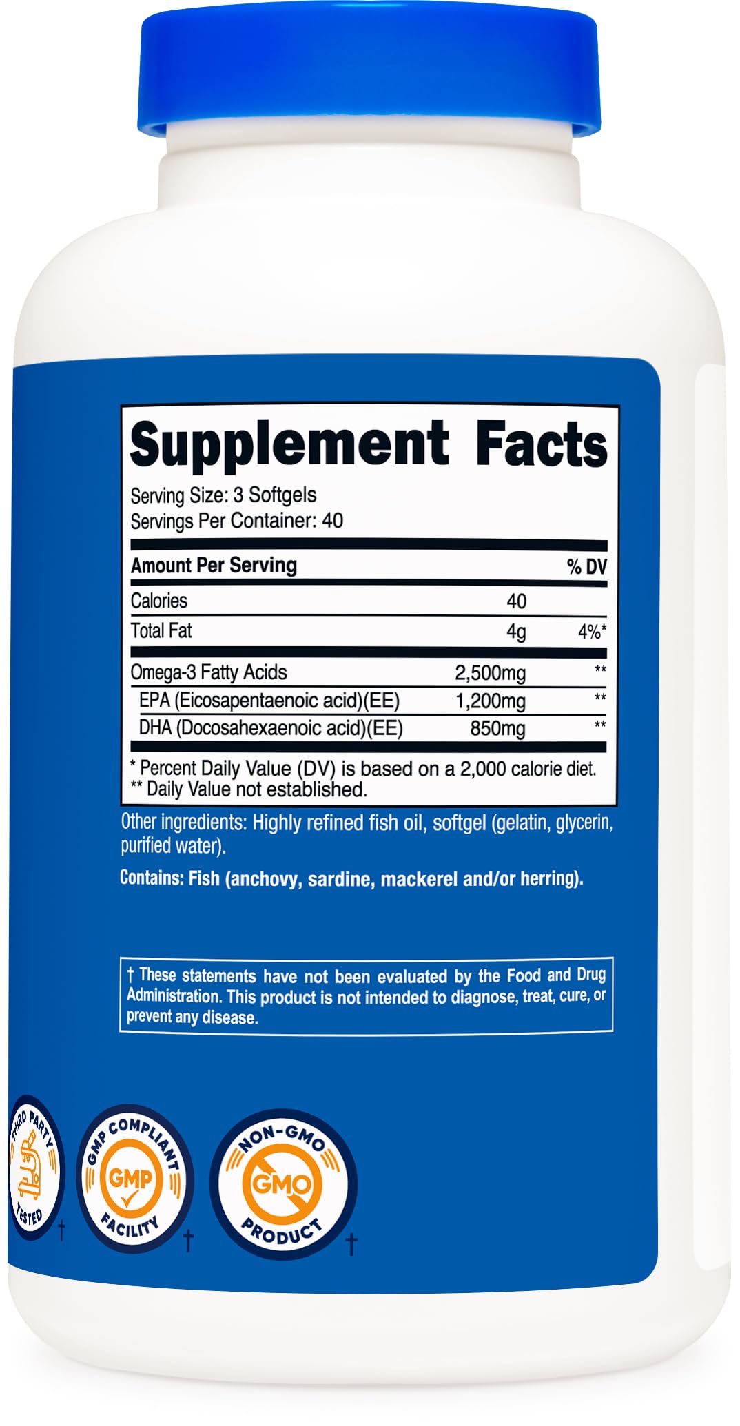 Nutricost Omega 3 Fish Oil - 2500MG, 120 Softgels (40 Serv) - Fish Oil, Wild Caught! 1200mg EPA 850mg DHA
