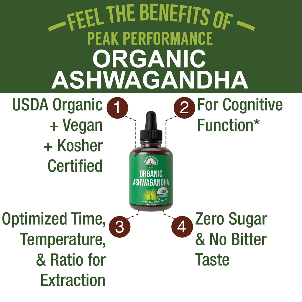 Ashwagandha Liquid Drops. USDA Organic Vegan Supplement. Extra Strength Ashwagandha Root Extract for Women, Men, Kids. with Adaptogens. Zero Sugar, Organic, Gluten Free Tincture Supplements. Peak Performance Au supplements