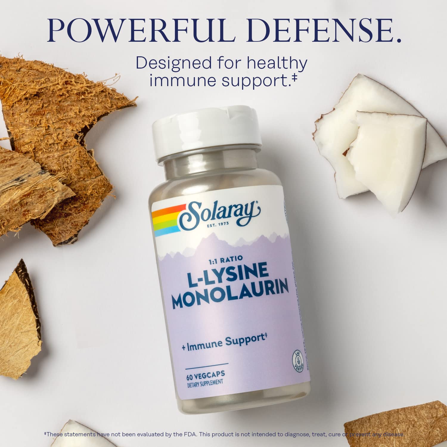 SOLARAY L-Lysine Monolaurin Immune Support Supplement, 1:1 Ratio for Immune System Function, 500 mg Each, 60-Day Money Back Guarantee
