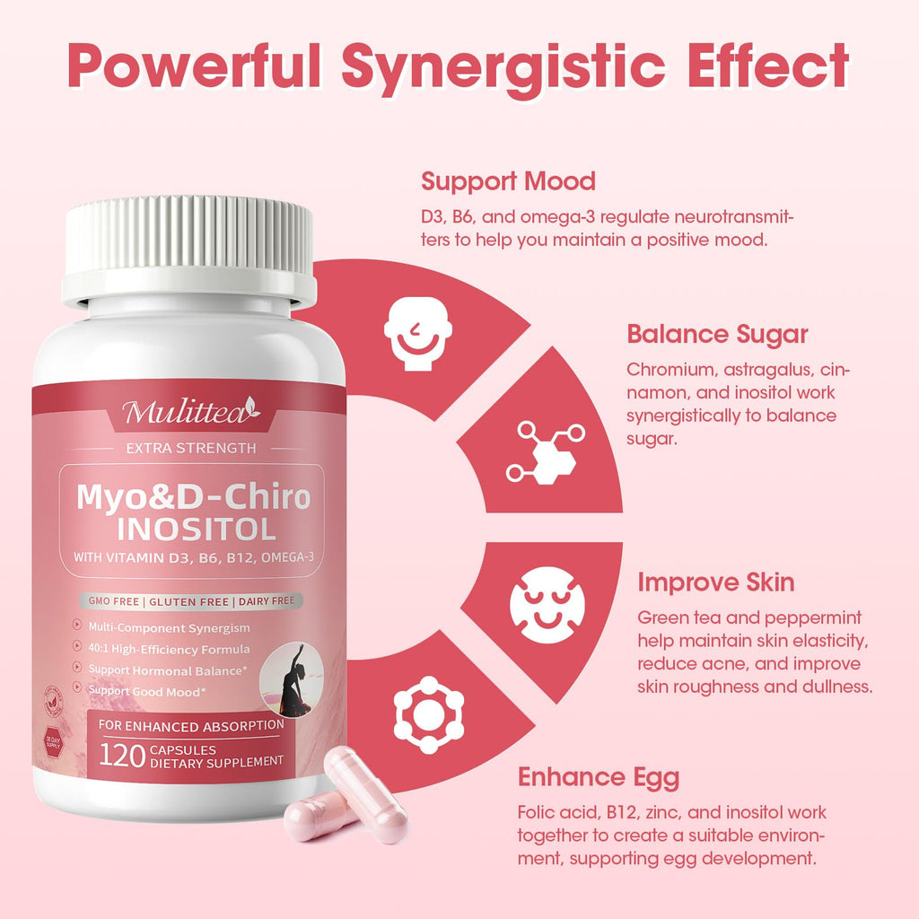 Mulittea Myo-Inositol & D-Chiro Supplement for Women - 14-in-1 Liposomal Inositol with Folic Acid,Omega-3 & Multivitamin for Hormone Balance,Support Ovarian,Skin & Mood- 40:1 Vegan 120 Capsules Mulittea Au supplements