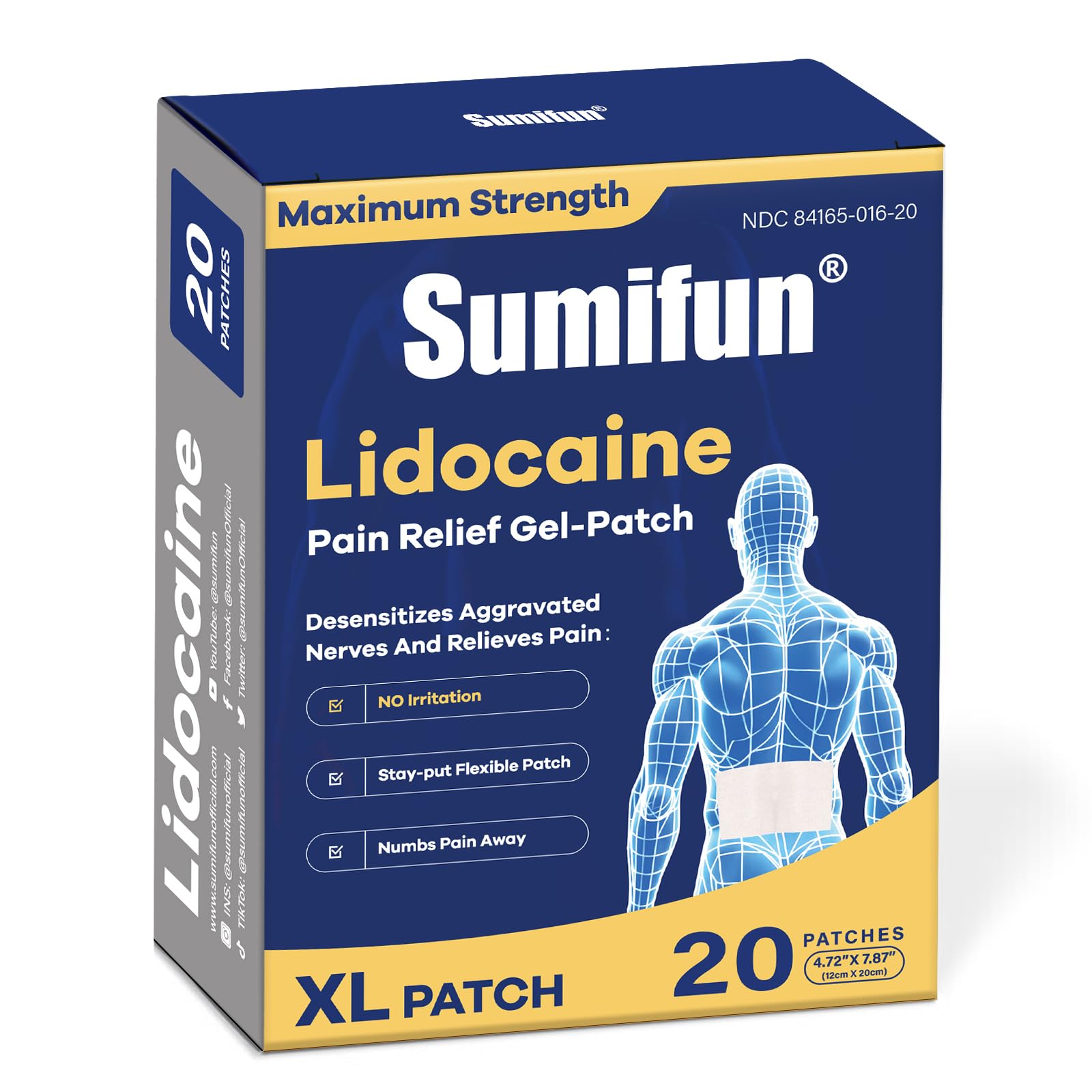 Sumifun XL Lidocaine Patches for Pain Relief, 4% Lidocaine Maximum Strength OTC, Extra Large 4.72"x7.87" for Full Back Pain Patches & Large Areas (Extra Large, Count, 20) Sumifun Au supplements