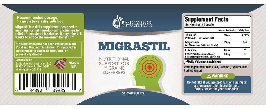 Basic Vigor Migrastil Migraine Support Capsules. Feverfew, Magnesium, Taurine & Vitamin B1 for Migraines Natural Supplement. Made in The USA. Vegan and Gluten Free. Basic Vigor Au supplements