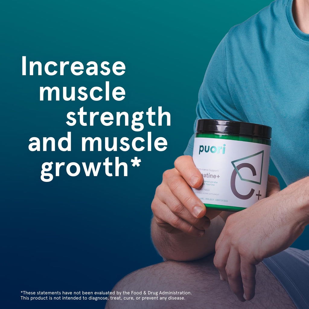 Puori Creatine Monohydrate Powder with Taurine - Unflavored Creatine Powder, Pre-Workout Supplement for Men & Women - Muscle Builder, Enhanced Workout