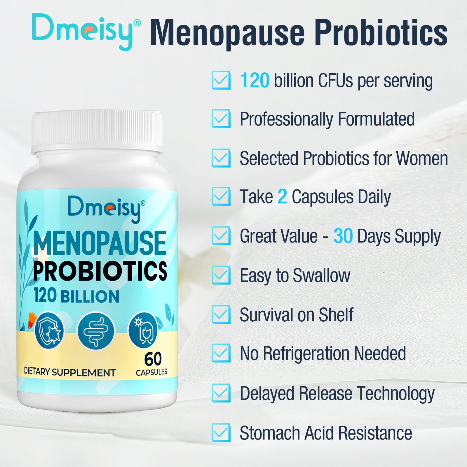 Menopause Supplements for Women, 120 Billion CFU Probiotic, 13-in-1 Herbs Probiotics Complex, for Menopause Relief, Hormone Balance, Hot Flashes, Night Sweats, Mood Swings, Gut & Immunity - 60 Capsule Dmeisy Au supplements