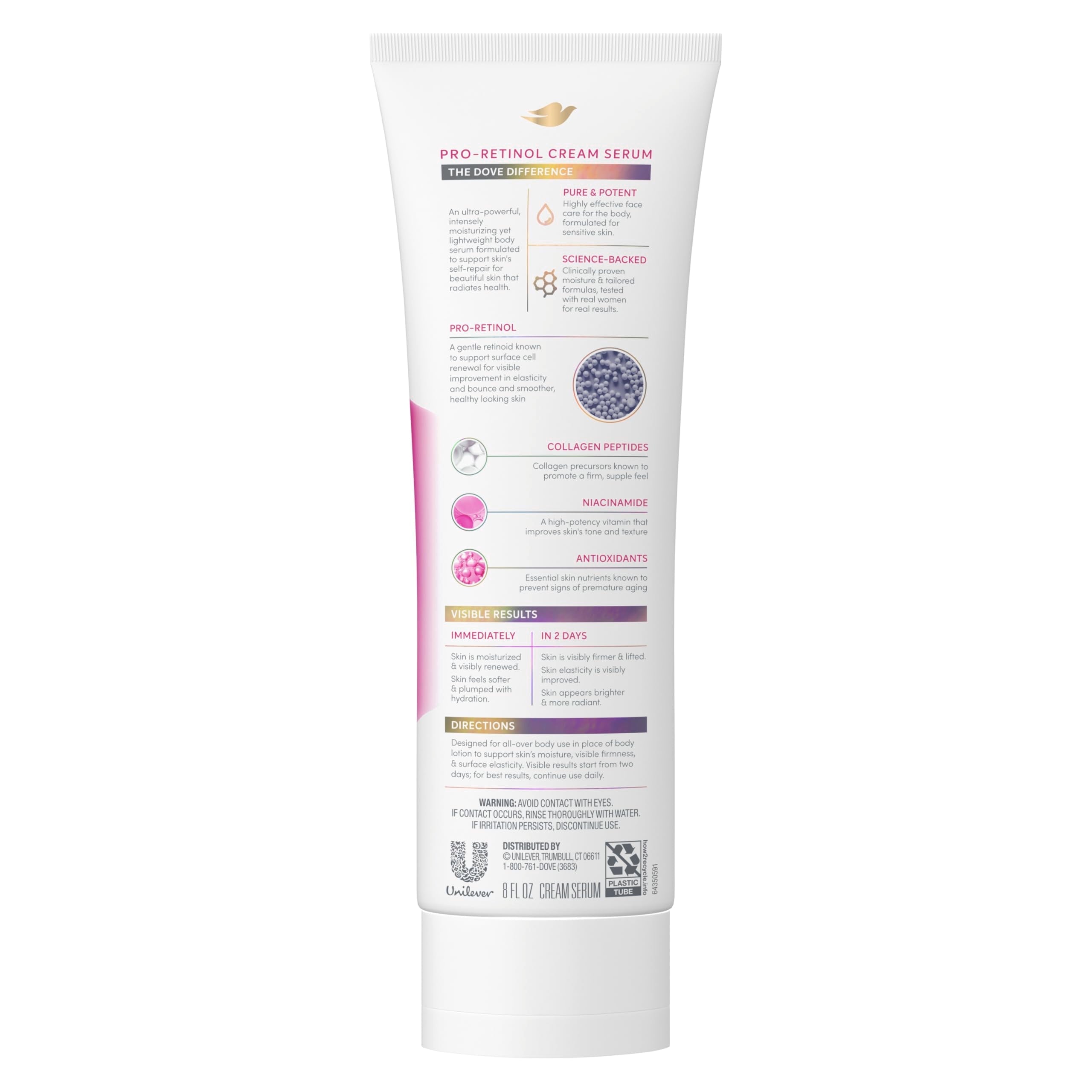 Dove Cream Serum Pro-Retinol + Firming for Elasticity and Firmness, with Collagen Peptides, Niacinamide and Antioxidants Lotion, 8 oz